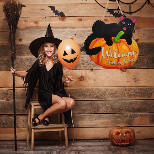 Halloween Wood Hanging Sign Welcome Trick or Treat Black Cat Pumpkin with Lig... - Picture 5 of 6