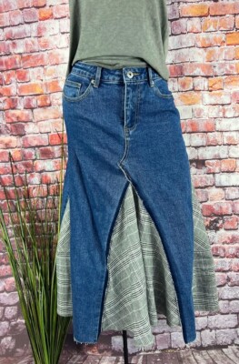 Lässiger Jeans ROCK Alinie Midirock Denim Patchwork ausgefallen S 36 38