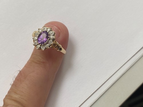 EXCELENTE ANILLO AMATISTA ORO 9CT VINTAGE Talla “P” DIAMANTE HALO RACIMO - Imagen 6 de 13