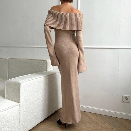 Sweater Dress ForWomen Slash Neck Long Flare Sleeved High Waist Split Maxi Dress - Picture 17 of 26