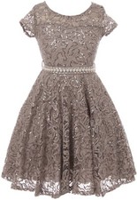 Silver Floral Lace Top Glitter Pearl Sash Holiday Party Flower Girl Dress
