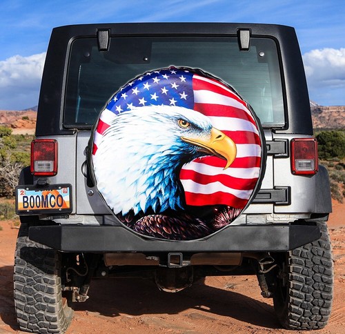 Pickup Spare Tire Cover 15" Anti-Aging Black Vinyl American Flag Eagle 205/75R14 - Picture 3 of 10