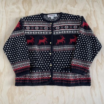 Vintage Crystal Kobe Cardigan Sweater Womens XL Black Reindeer Fair Isle Knit
