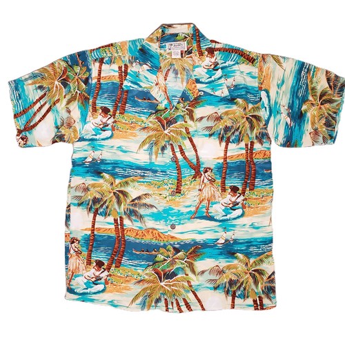 Avanti Hula Scene Hawaiian Aloha Shirt Mens XL Blue Teal 100% Silk Authentic