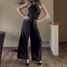 entro Women s Black Halter Wide-Leg Jumpsuit L Rayon Woven Zip Lightweight