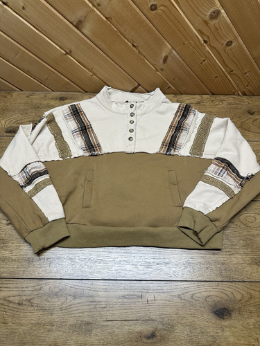 Miss Me Pieced Henley Pullover Caramel Sweatshirt Sweater EUC | Women’s M $65