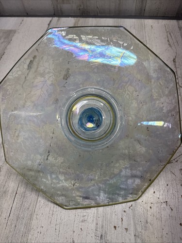 Vintage Fostoria Handeled Glass Tray Iridescent Blue Brocaded Oakwood 11.5” - Picture 5 of 8
