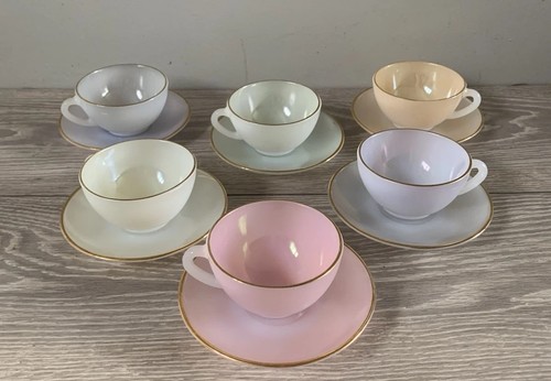 Vintage 1950’s Set Of 6 Opalescent French Harlequin Arcopal Tea Cups & Saucers - Picture 20 of 20