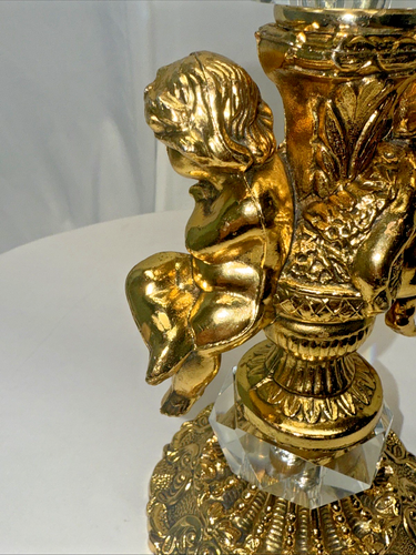 Vintage Ornate 4 Arm Gilt Candelabra w/Prisms & Cherubs Heavy 16" Tall Gold - Picture 8 of 15