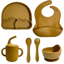 6 Pack Silicone Baby Feeding Set with Rainbow Suction Plate Spoon Fork Bowl