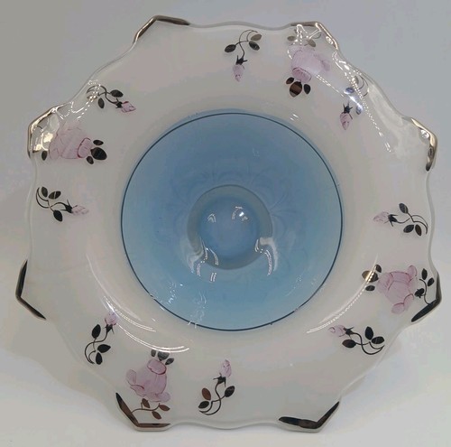 Indiana Glass Footed Baby Blue Bowl With Roses & Platinum Trim Art Deco 11.5 " - Picture 2 of 13