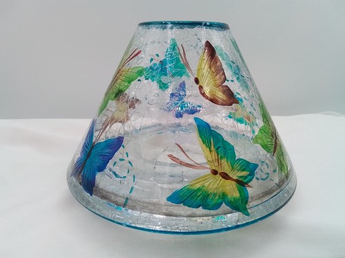 RISSIGE GLASKUNST VINTAGE LAMPENSCHIRM KERZE BLAUE BORTE SCHMETTERLING PREISSCHILD MORPHO - Bild 3 von 12