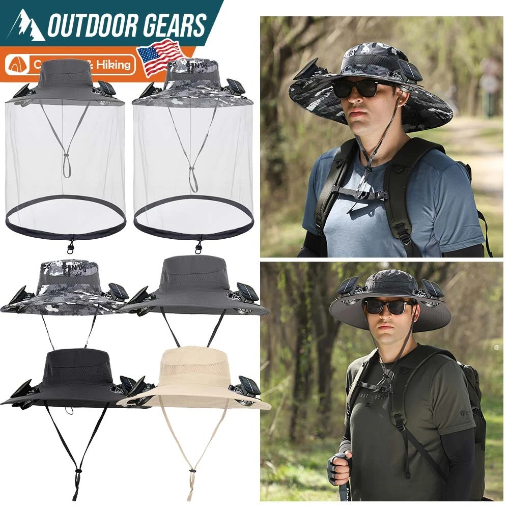 Men Women Outdoor Wide Brim Sun Hat with Solar Fan UV Protection Hiking Camping