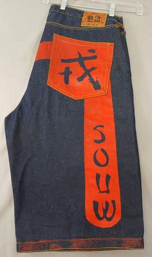 Evisu Genes Shorts Mens 38 Blue Red Rooster Paint Denim Embroidery Japan Rare - Picture 2 of 16