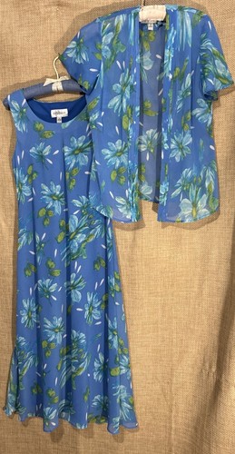 Vintage Studio I Kleid 10 blau Blumen seidig 2tlg Set Ostern Sommerkleid mit Top - Bild 6 von 8
