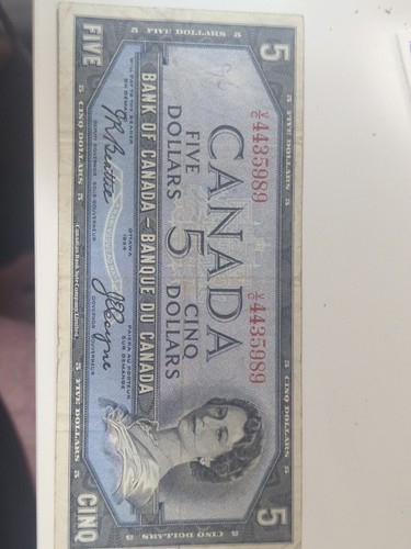 Vintage Canadian 5 Dollar Bill 1954 edition Circulated