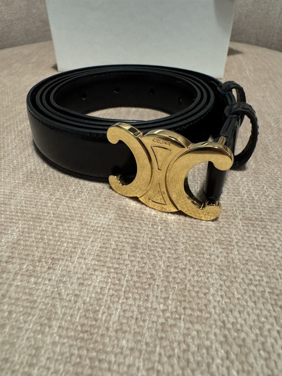 Authentic Celine Triomphe Black Leather Belt With Gold