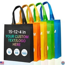 Personalized Tote Bags - 10/50/100 Pack, Your Logo on Reusable Bags, 15"x12"x4