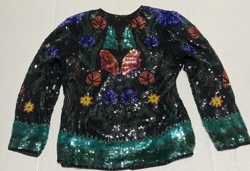 Scala Jacket Sequin Medium Silk Beaded Evening Party Floral Vintage AOP - Picture 8 of 14