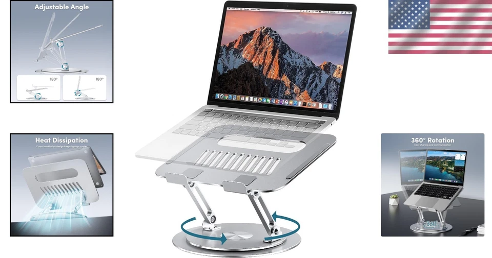 Foldable Laptop Stand: 360° Rotating Riser for 10-16 Inch Laptops, Silver - Image 2 of 4