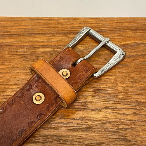 Al Stohlman Brown Scallop Design Size 38 Tooled Western Belt Silver Tone Buckle - Picture 2 of 8