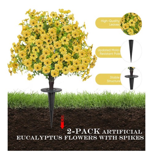 2 Pack Artificial Boxwood Topiary Ball Trees Yellow Flowers 23" W/ Ground Spikes - Picture 3 of 4