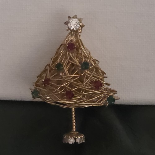Vintage Gold Wire Christmas Tree Brooch Multicolor Rhinestones Festive Pin - Picture 2 of 5