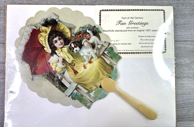 Turn of the Century Fan Greetings Card Vict. Style Hand Fan w/ env Girl & Dog