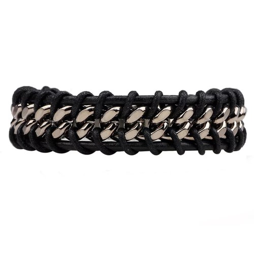 Braided Leather Silver Stainless Steel Cuban Chain Men's Bracelet Bangle - Picture 10 of 13