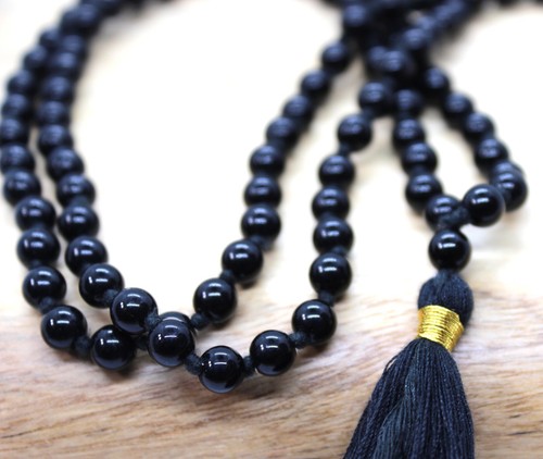 Schwarzer Achat Mala 108 Gebetsperlen, Kala Hakeek Mala, buddhistische Rosenkranzkette - Bild 3 von 4