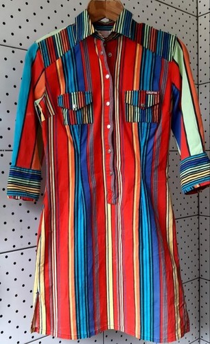 Vintage 80s CIMARRON Women Striped Shirt Dress Rainbow Stretch Cotton Size 4/L - Picture 2 of 22