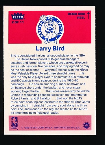 1986 Fleer Stickers LARRY BIRD #2 Mint - Picture 3 of 3