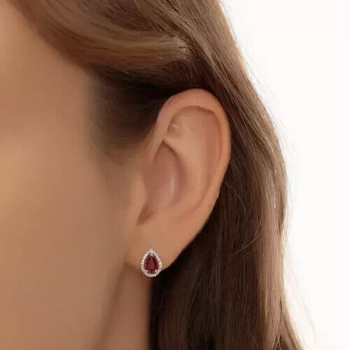 3.00 Ct Pear Cut Red Ruby Moissanite Halo Stud Earrings 14Kt White Gold Plated - Picture 5 of 6