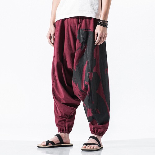 Men Print Loose Pants Cotton Linen Fashion Chinese Style Wide Legs Trousers Chic - Picture 11 of 14
