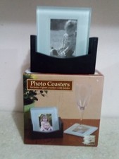  Set of 4 Glass Photo Frame Coasters  Solid Wood Holder - Memories