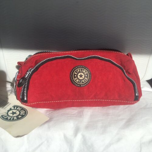 KIPLING Makeup Cosmetic Pencil Case Wallet Bag Red 2 Zipper Compartments NWT VTG - Picture 3 of 10