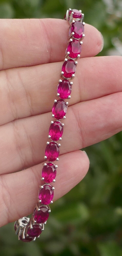 Vintage Sterling Silver & Deep Pink/Red Stone Bracelet - 7.25" Long / 19.0g.