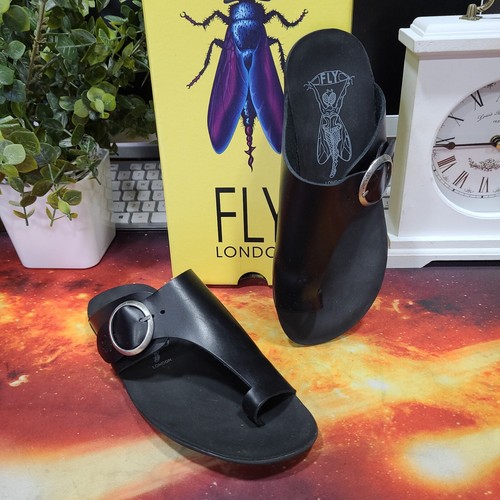 FLY London Black Leather Slip On Toepost Mules Size EUR 37 UK 4 - Picture 1 of 15