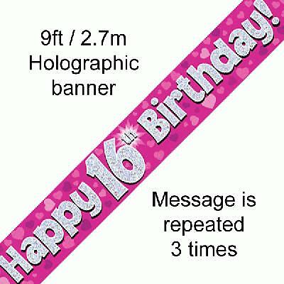 9ft Pink & Silver Holographic Foil Party Birthday Banners, Bunting & Balloons