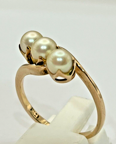 Gorgeous!!! 14K Solid Yellow Gold Triple 3 Pearl Ladies Ring 14ct 585 Size S / 9 - Picture 4 of 8