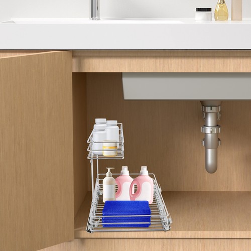 2-Tier Pull-out Cabinet Storage Rack, Sliding Out Storage Rack Under Sink Silver - Picture 7 of 22