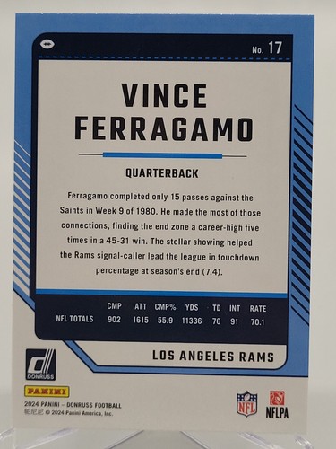 2024 PANINI DONRUSS VINCE FERRAGAMO BASE FOOTBALL CARD RAMS NFL 17 - Picture 2 of 2