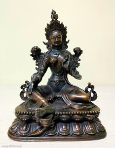 antique excellent Tibetan Green Tara Buddha Pure Bronze Old Statue