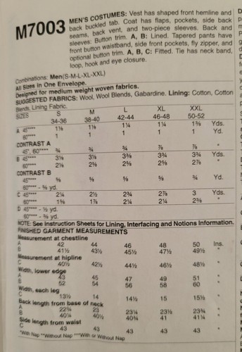McCalls 7003 Costume Pattern Mens Coat Vest Pants Tie Size S M L XL XXL Uncut - Picture 3 of 3
