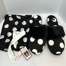 NEW Victoria's Secret Satin Slippers Black/White Polka Dot Faux Fur size 7-8