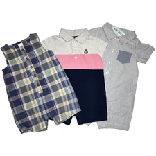 Carter's Baby Boy 6 Mos Romper Outfit Lot Plaid Anchor Pin Stripe Shortall 1pc
