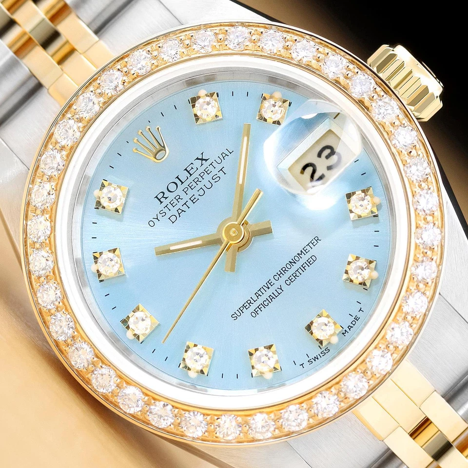 ROLEX LADIES DATEJUST 69173 ICE BLUE FACTORY DIAMOND DIAL 18K GOLD STEEL WATCH