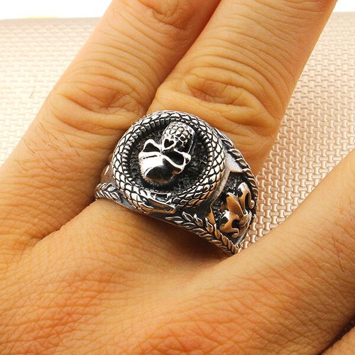 Skull and Snake Figure with Fleur De Lys Solid 925 Sterling Silver Men Ring - Bild 7 von 7