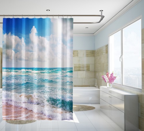 3D Wolken Strand 78 Duschvorhang Wasserdicht Faser Bad Daheim Windows Toilette - Picture 2 of 3