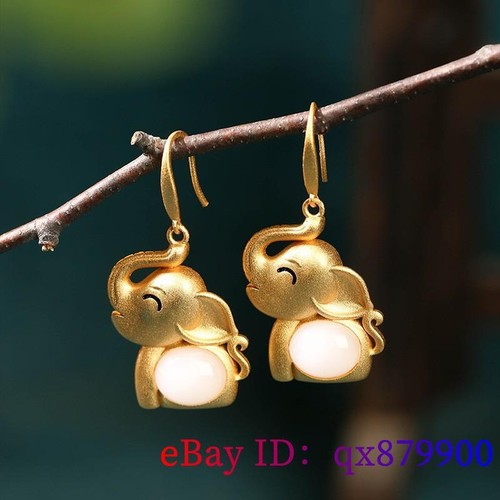 White Real Jade Elephant Earrings Natural Jewelry Women Vintage 18K Gold Plated - Picture 3 of 5